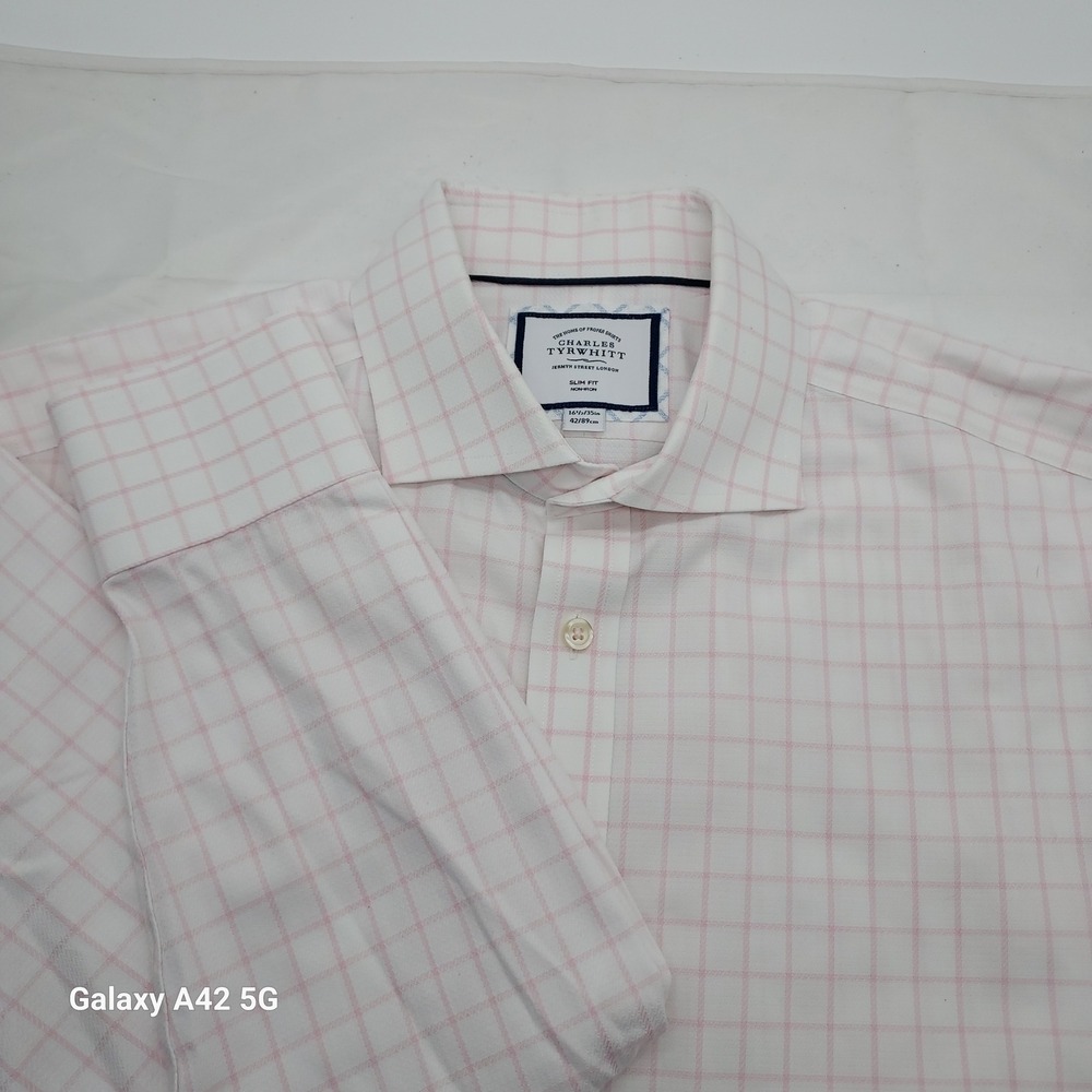 Charles Tyrwhitt Mens Slim Fit Non-Iron Pink Windowpane Dress Shirt 16.5 / 35